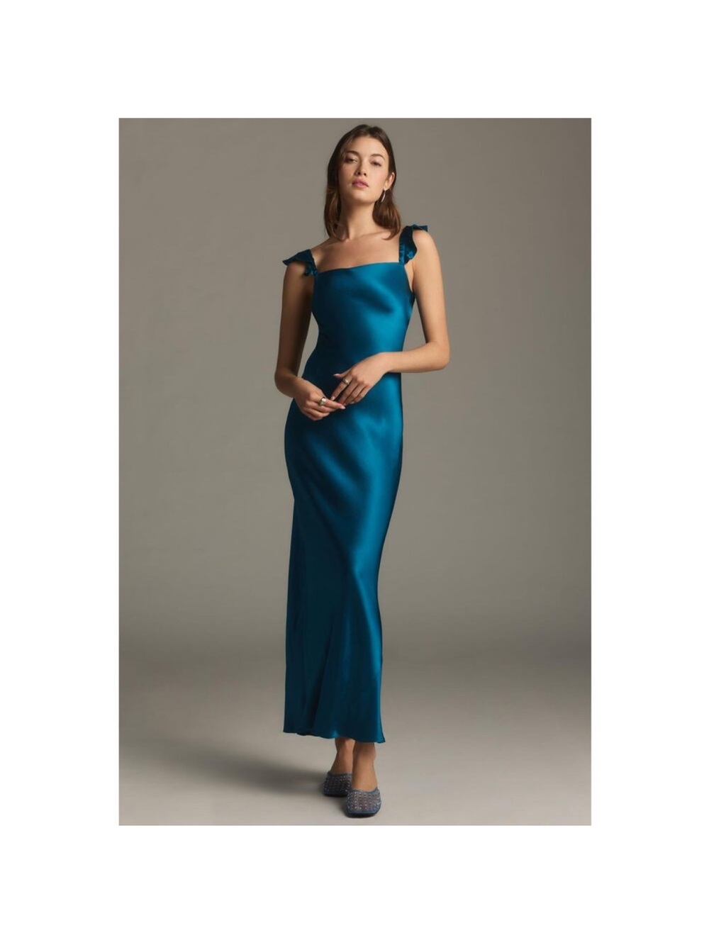 Anthropologie Teal Satin Maxi Dress with Shoulder Ties